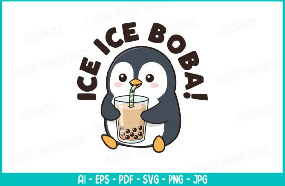 Cute Penguin Boba Tea T-shirt Design: A Cool Creative Asset